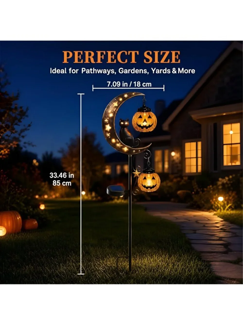 Solar Halloween Black Cat & Pumpkin Moon Garden Stake Light, Jack-o'-Lantern